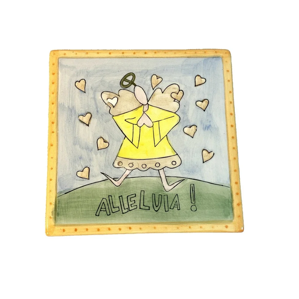 ceramic wall decor tile hand painted angel alleluia 5.5 X 5.5 inches‎